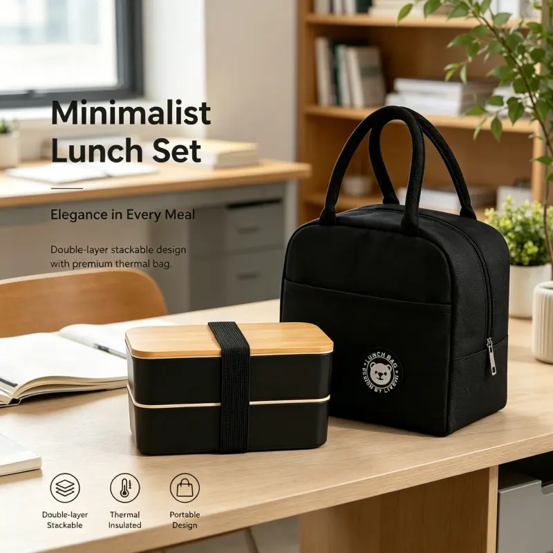 Elegant Minimalist Lunch Set Double Layer Stack Leakproof Bento Box With Premium Heat Insulation Carry Bag Leakproof Insulated Lunchbox For Work Picnic Student Use