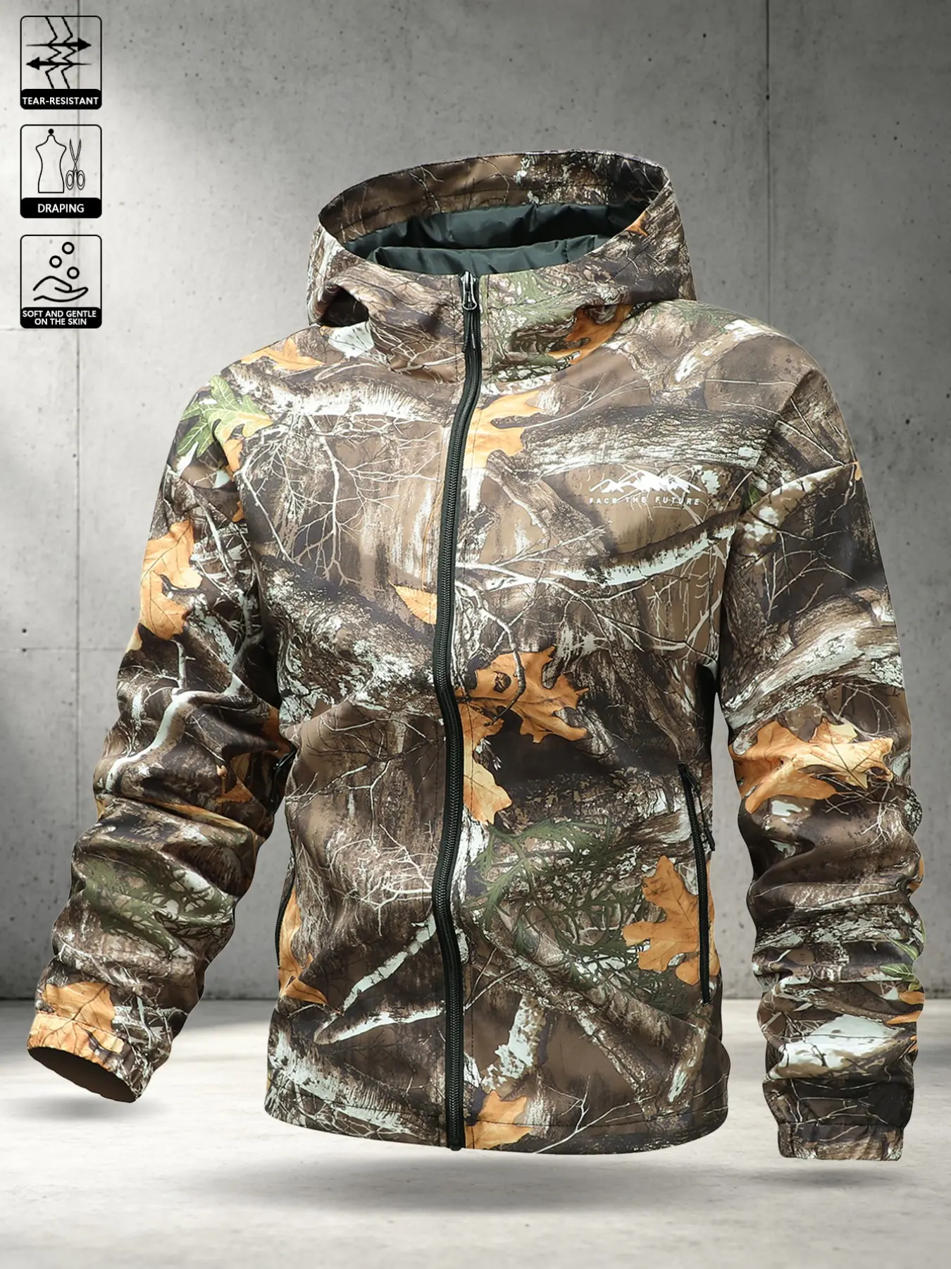 Men's Camo Hoodie Flying Jacket, Long Sleeve Loose Fit, Drawstring Adjustable, Casual All-Season Outerwear, Youth Retro Style