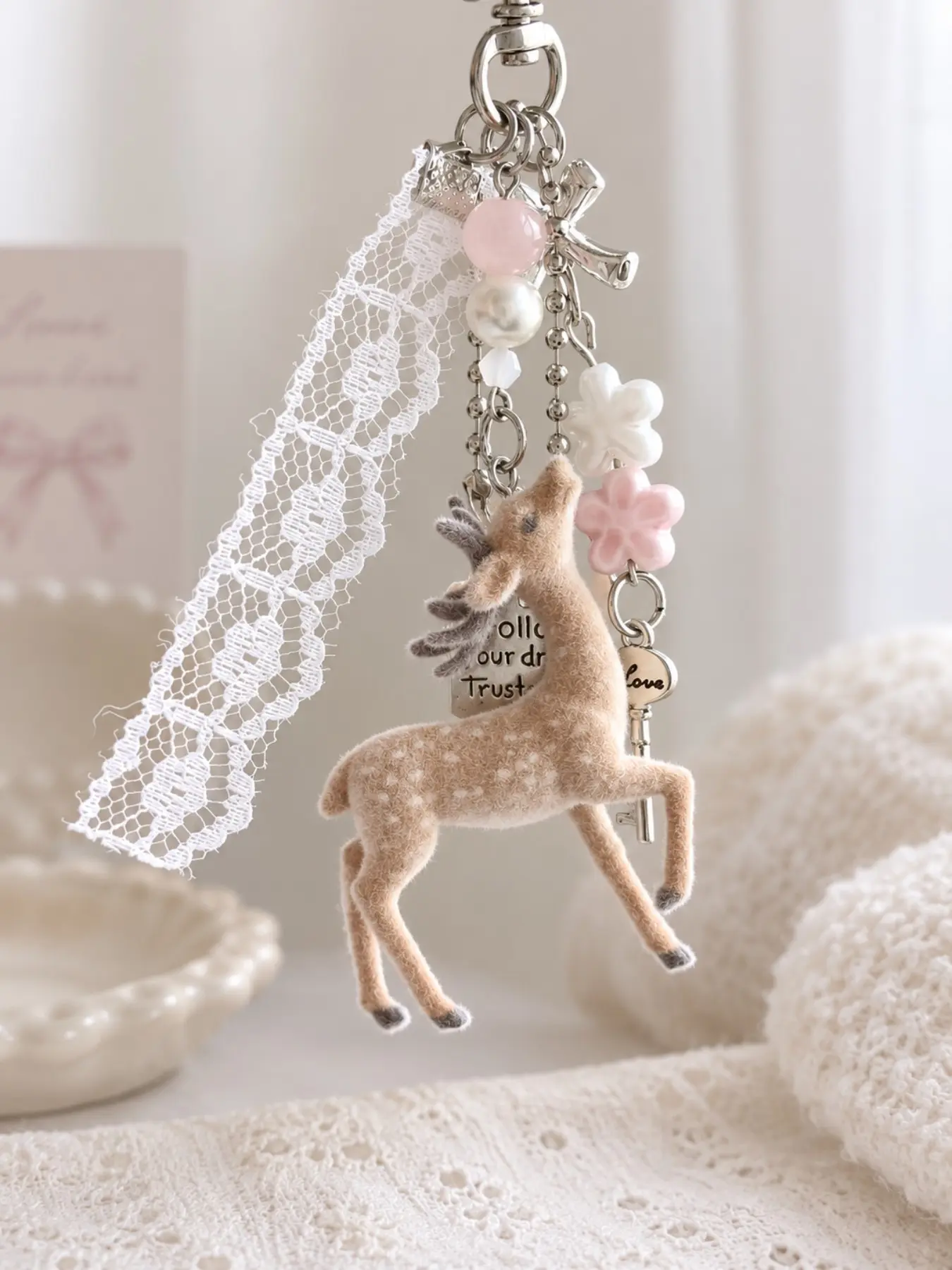 Cute Deer Keychain | Plush Fawn Bag Charm | Kawaii Keychain with Bow Pearl & Flower Charms | Aesthetic Backpack Pendant | Keychain for Bags | Keychain for Purse