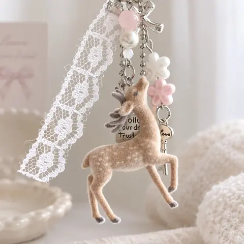 Cute Deer Keychain | Plush Fawn Bag Charm | Kawaii Keychain with Bow Pearl & Flower Charms | Aesthetic Backpack Pendant | | Keychain for Purse | Cute Keychains