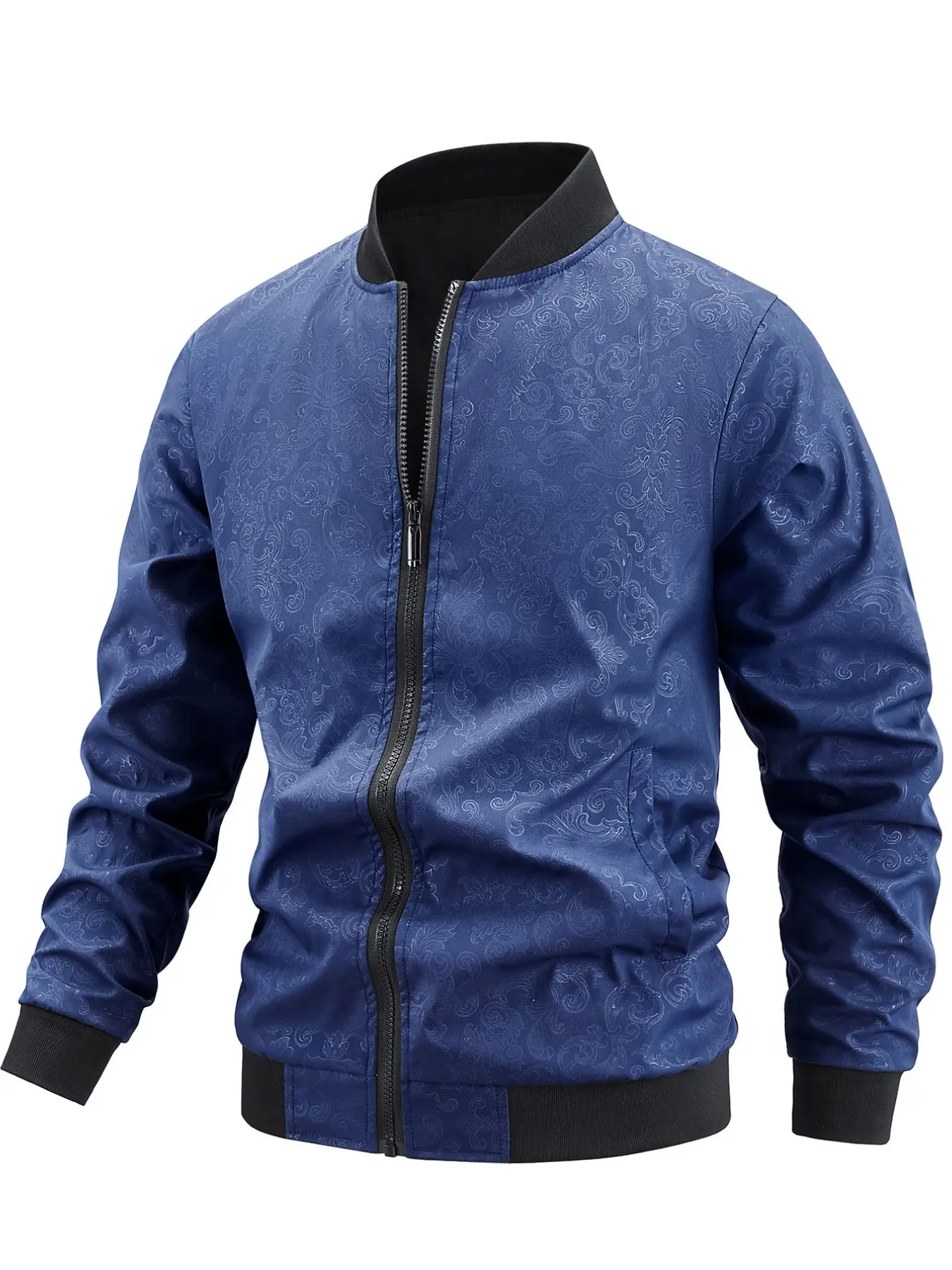 Men's autumn and winter outfit: stand up collar baseball jacket, dark bottom, cashew flower full print baseball jacket, ribbed collar, hem, cuffs, full zipper windproof top, spring and autumn windproof casual sports outerwear, men's clothing
