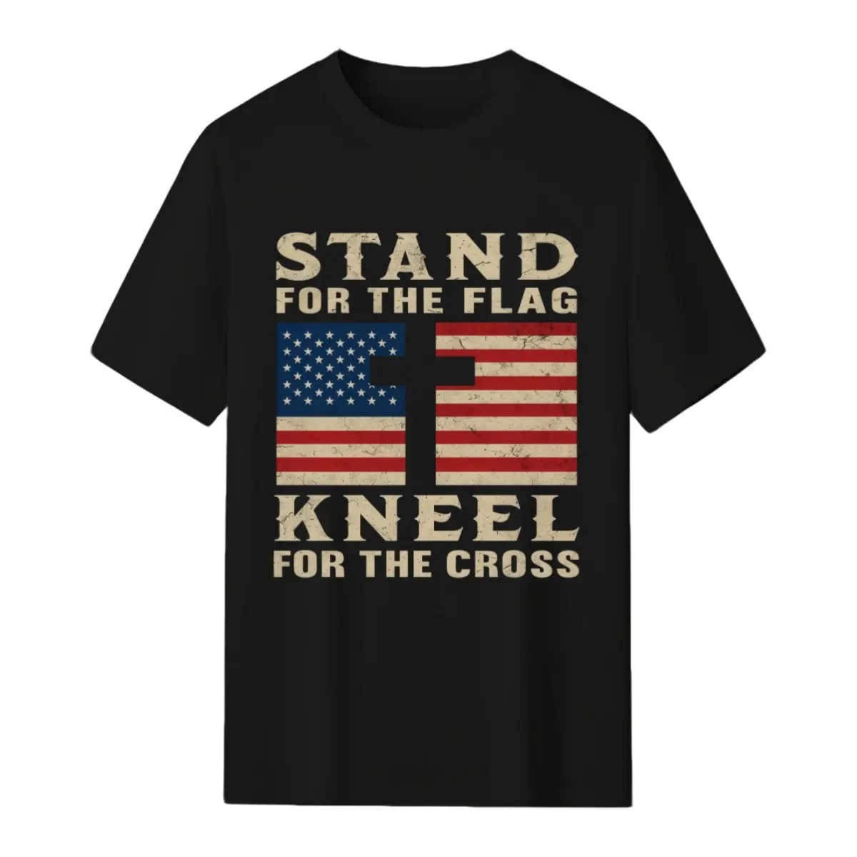 MENChristian Patriotic "Stand for the Flag Kneel for the Cross" T-Shirt - Distressed American Flag & Cross Design,