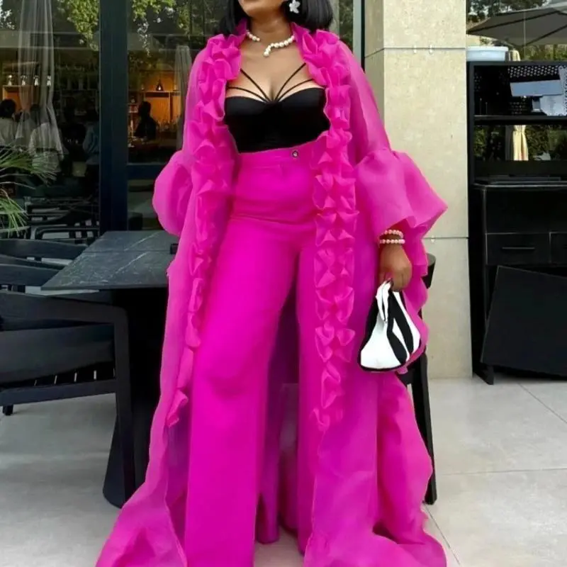 Elegant Two Pieces Set Long Sheer Ruffles Batwing Sleeve Loose Kaftan Cape Matching High Waist Wide Leg Pants African Clothing