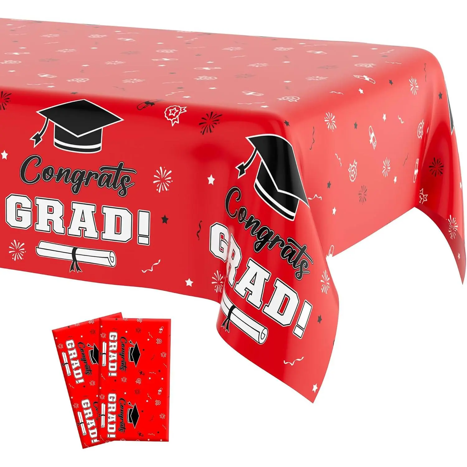 Graduation Tablecloth Graduation Party Decorations 2026, 2 count Congrats Grad Tablecloth, Red and Black Plastic Disposable Rectangle Table Cloth Class of 2026 for Graduation Party Supplies, 108"x54"