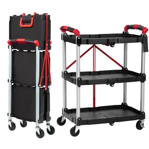 Folding Collapsible Service Cart, Folding Utility Cart,165lbs Capacity 3 Tier Collapsible Push Cart Rolling Tool Cart w/Lockable Wheels for Office Warehouse Home