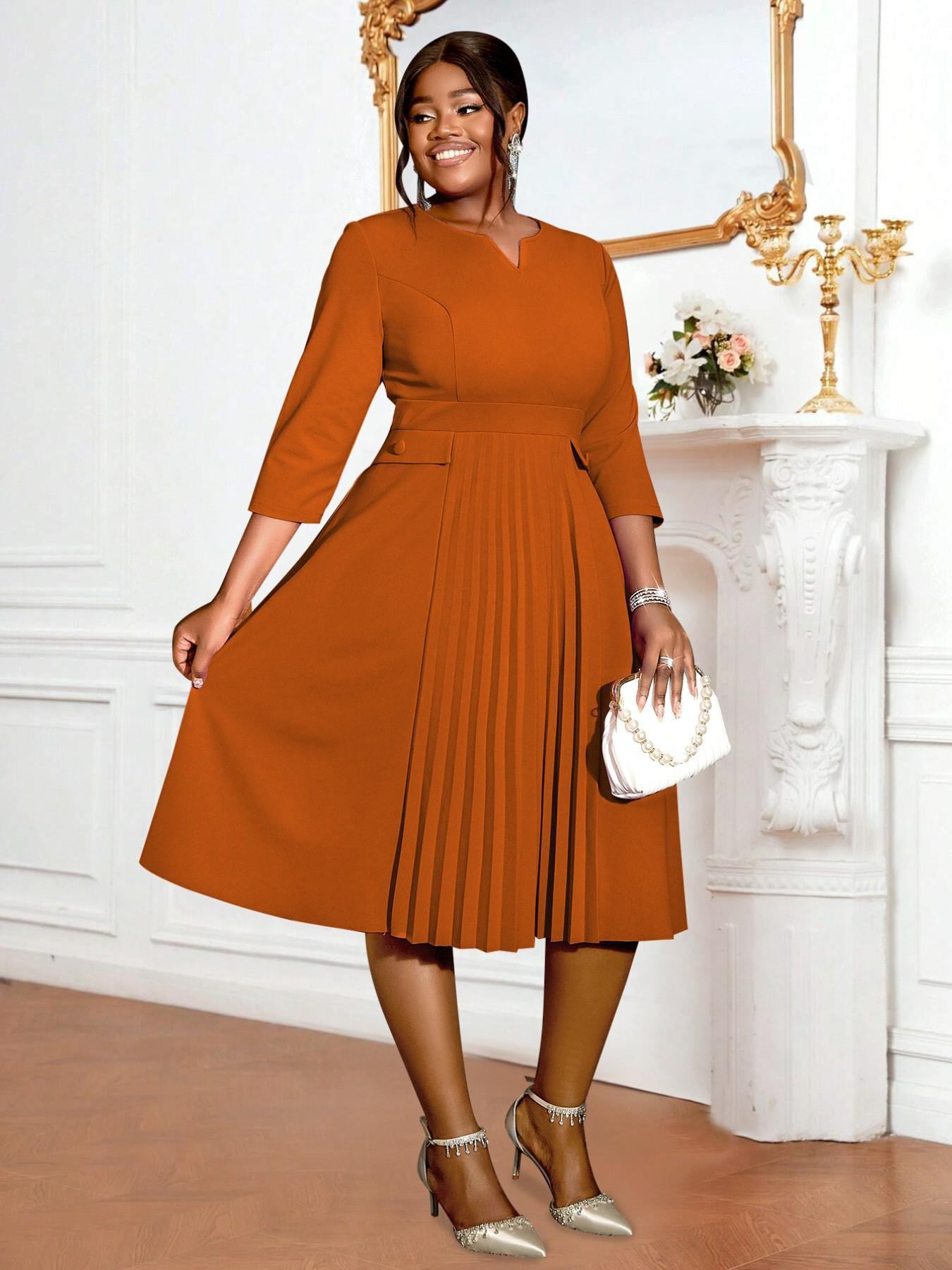 Women Elegant Formal Church Dresses Plisse A Line Modest Classy Pleated 3/4 Sleeves African Office Ladies Party Gowns Autumn New