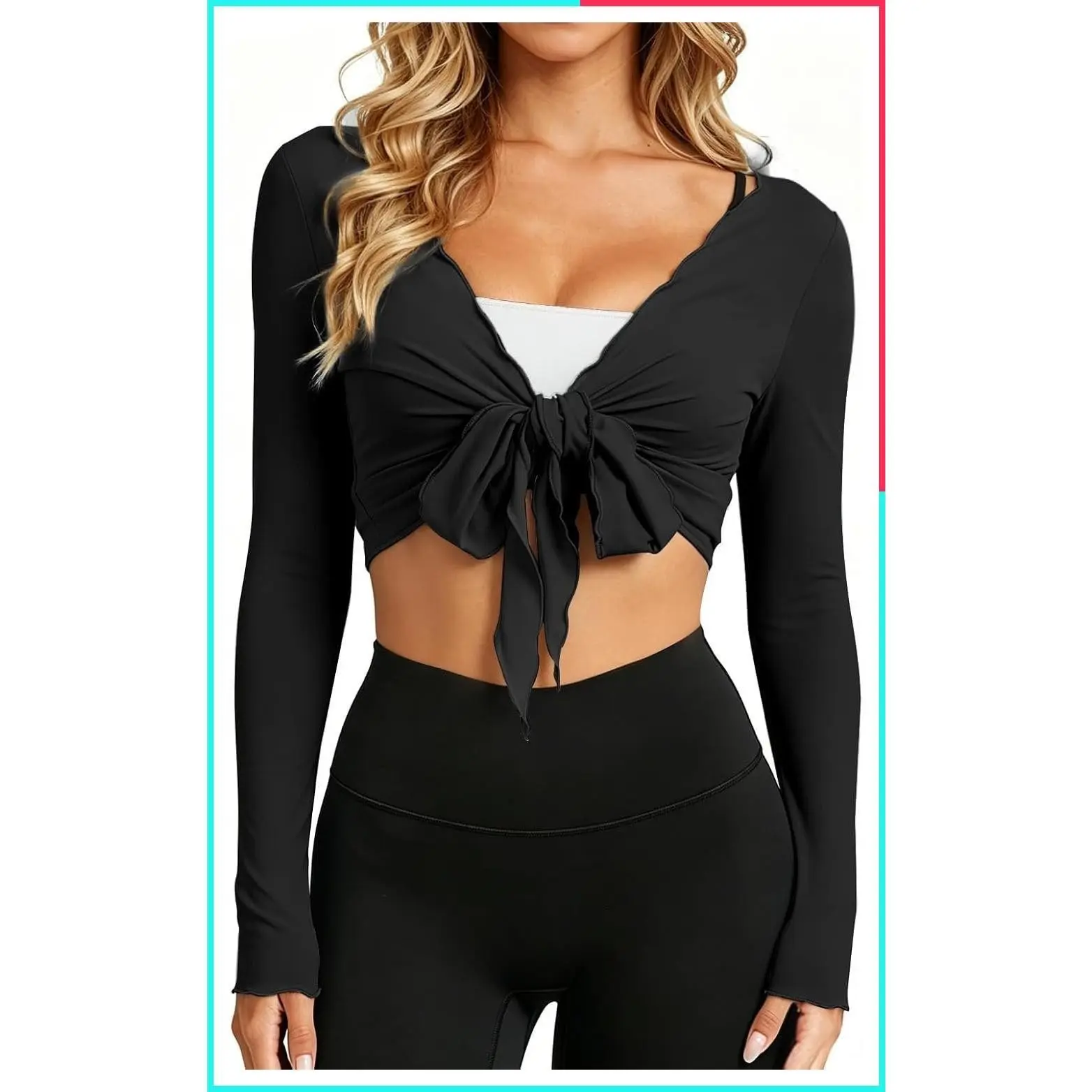 Women's Tie-Front Long Sleeve Cropped Pilates Wrap Top Yoga Workout Cardigan Ballet Bolero Shrug