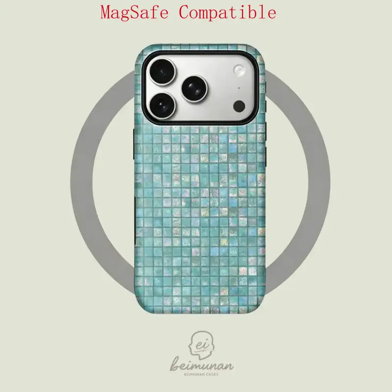 【MagSafe Compatible】Turquoise holographic mosaic pattern, durable 2-in-1 protective case, MagSafe compatible, suitable for iPhone 17/16/15/14/13/12/11 Pro Max/Plus/Pro, simple and stylish phone case, perfect birthday gift.