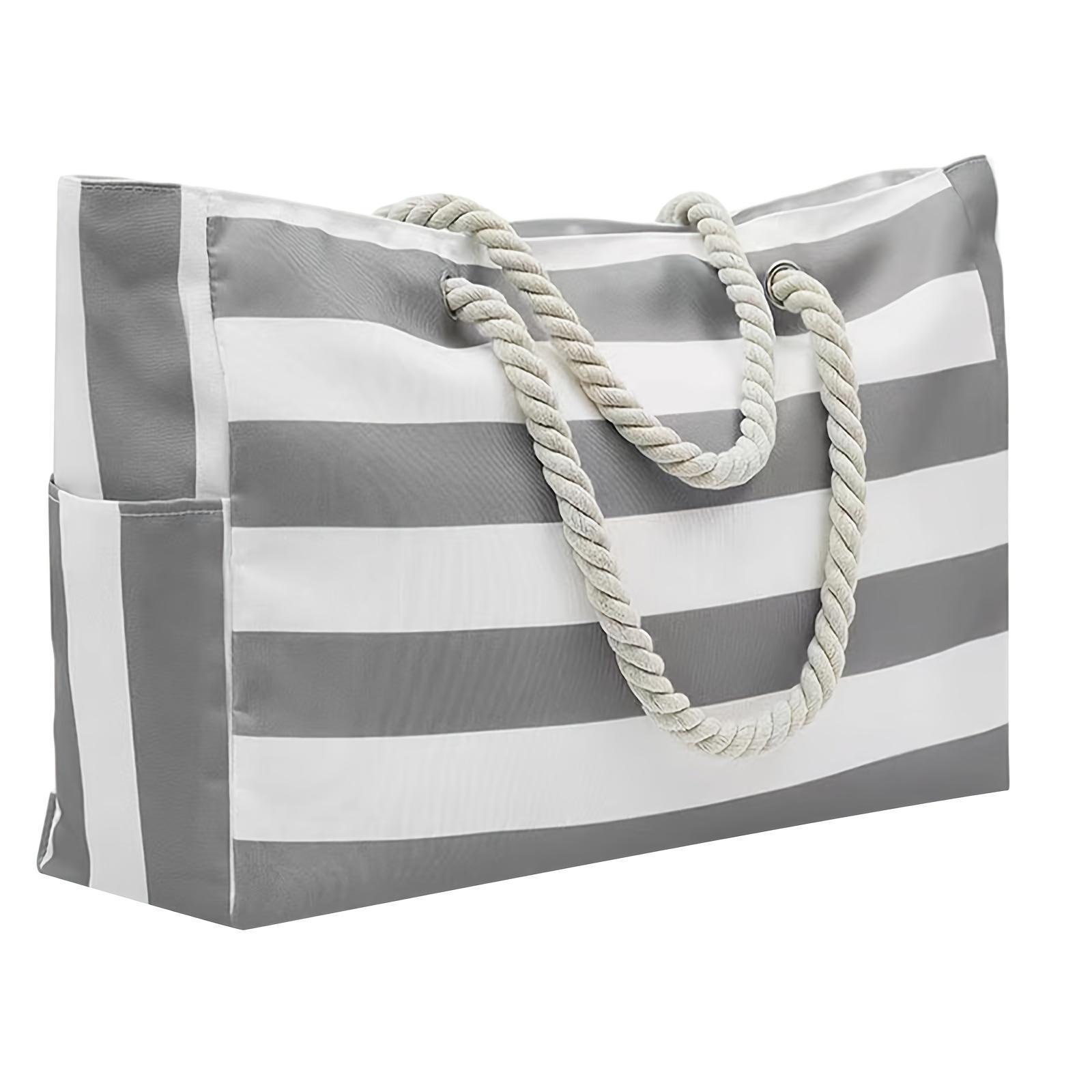 Women's Large Waterproof Beach Bag, Zipper-Closure Sandproof Swimming Pool Tote, Oversized Handheld Beach Bag for Summer, Striped Tote Bag