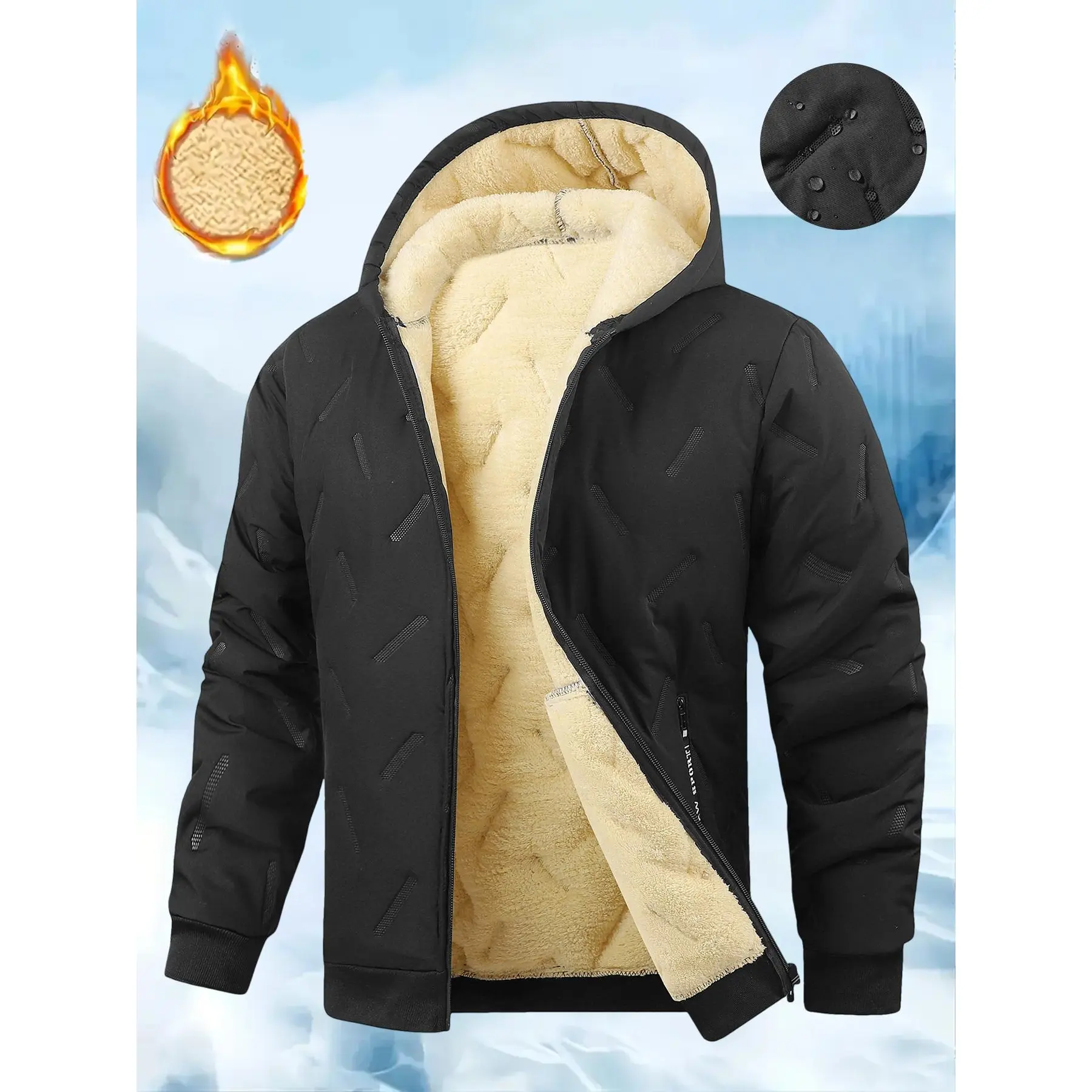 Fleece lined hooded winter jacket with full zip closure, warm thick inner lining and sealed quilting design, ribbed cuffs and practical zipper pockets, insulated outerwear for cold weather modern mensfashion.