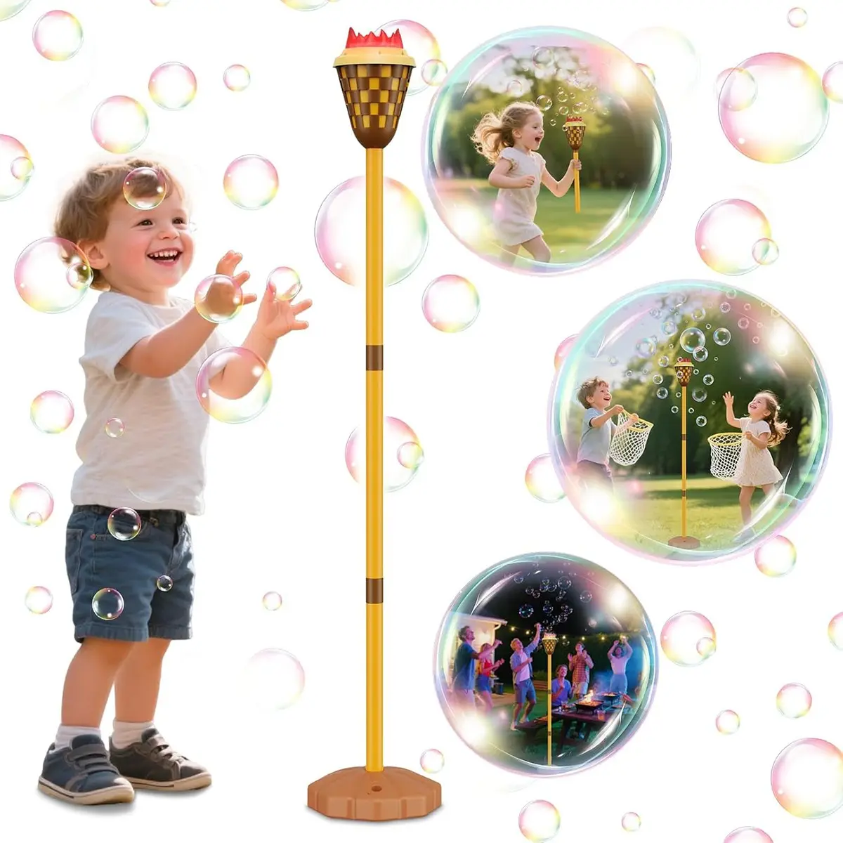 Simulated Torch Bubble Machine with 1 Bottle 100ML Bubble Liquid, Adjustable Height, Light Sound Effect, Handheld Standing Dual Use, Adjustable Bubble Maker