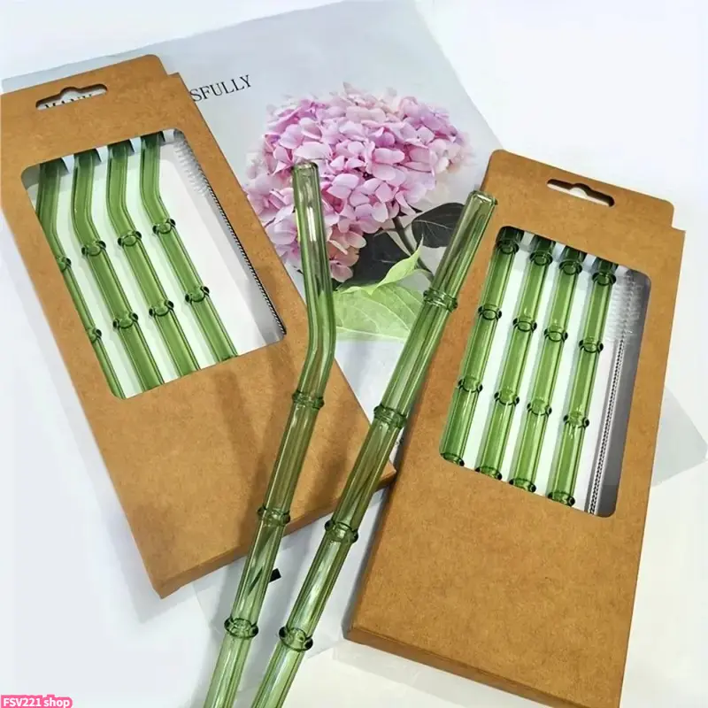 4 Pack Bamboo‑Textured Reusable Glass Straws with Cleaning Brush, Dishwasher Safe Eco‑Friendly Drinking Tubes for Bubble Tea, Coffee, Cocktails, Ideal Party Favors & Daily Household Supplies
