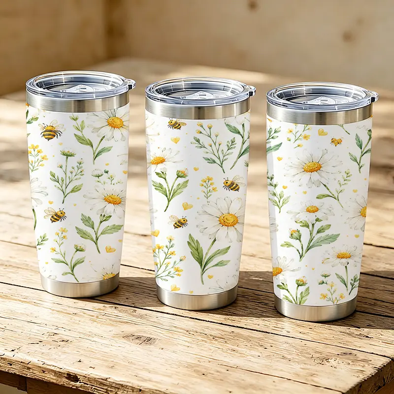 20oz Cute Daisy Flower And Little Bee Print Stainless Steel Tumbler， Tumbler with Lid Double Wall Vacuum Insulated Travel Mug， Coffee Cups With Lids， Perfect Gifts For Birthday Holidays.