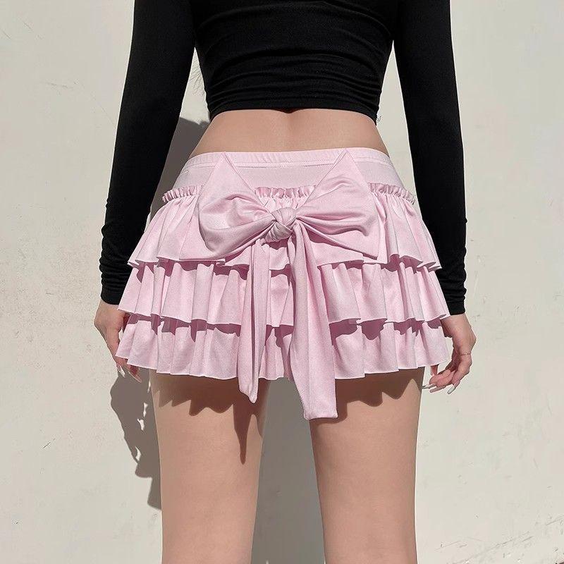 Pink Cake Skirt With Bow Back Butt A- Line Mini Skirt For Women Low Waist Autumn Winter Anti-Aging Versatile Polyester Fa..