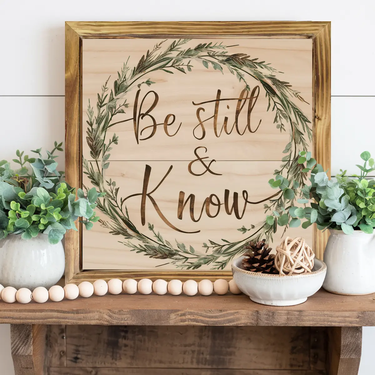 Be Still & Know Rustic Wood Wall Art - 8x8 Inch Framed Farmhouse Sign with Handwritten Cursive Lettering & Leaf Wreath, Wood Grain Verse Decor for Bedroom, Kitchen, Housewarming Gift, Cozy Home Accent (Golden- Frame)