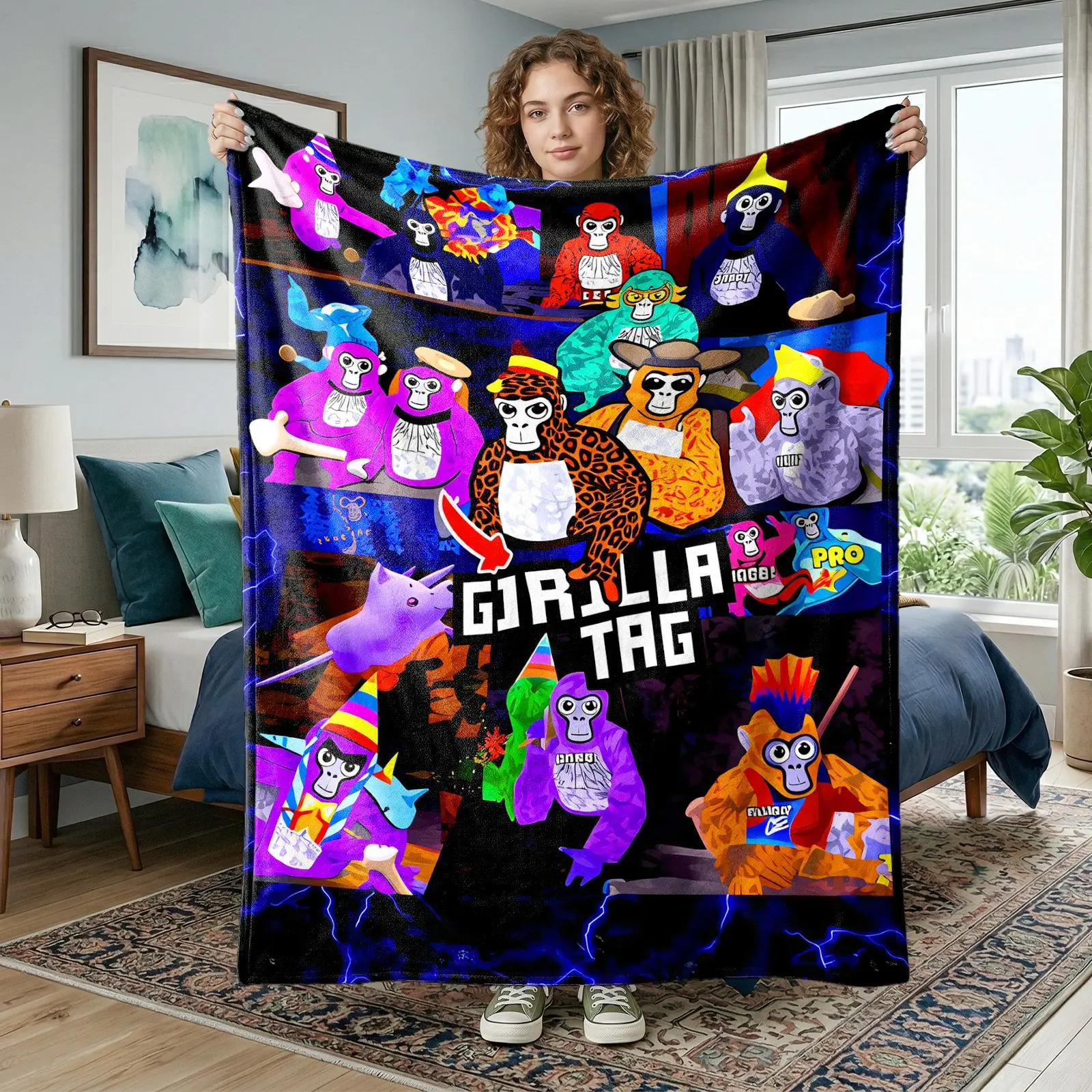 1pc Gorilla Tag Game Collage Fleece Blanket, Black Background Blue Lightning Multi Skin Gorilla Cartoon Print, Soft Warm Nap Throw For Sofa, Bed, Office, Camping Trip, Perfect Christmas Gift, Funny Throw Blanket