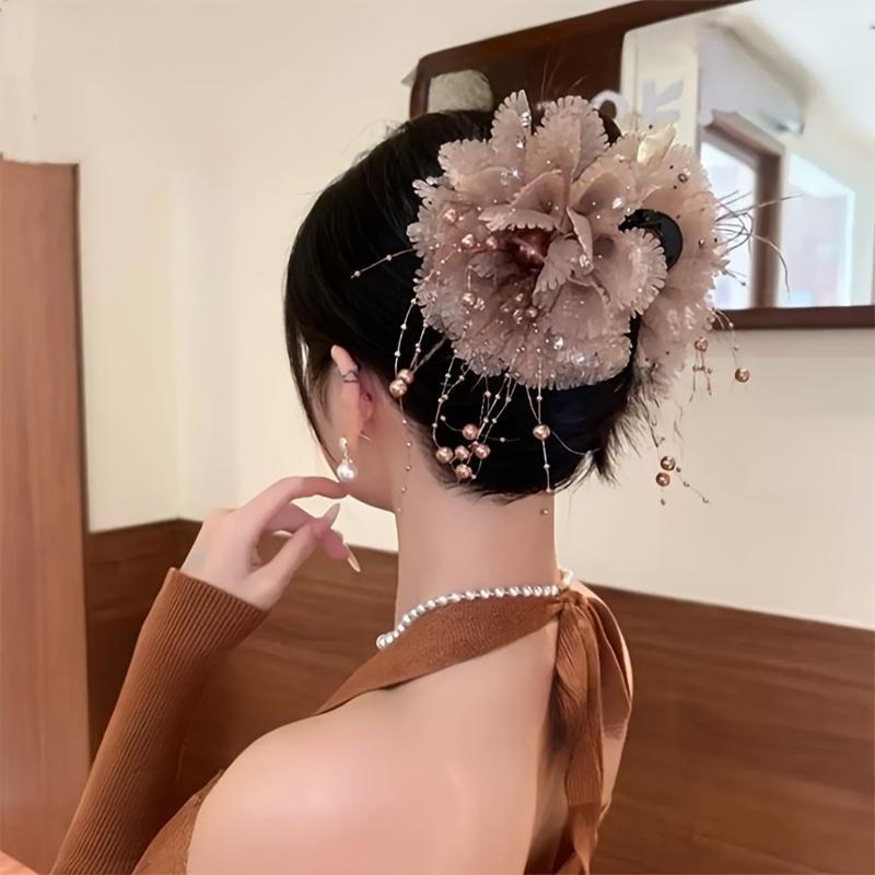 Elegant Large Round Flower Hair Clip With Feathers Tassels Volume Enhancing Shark Clip Peony Flower Design Hair Accessories For Wedding Prom Everyday Updo