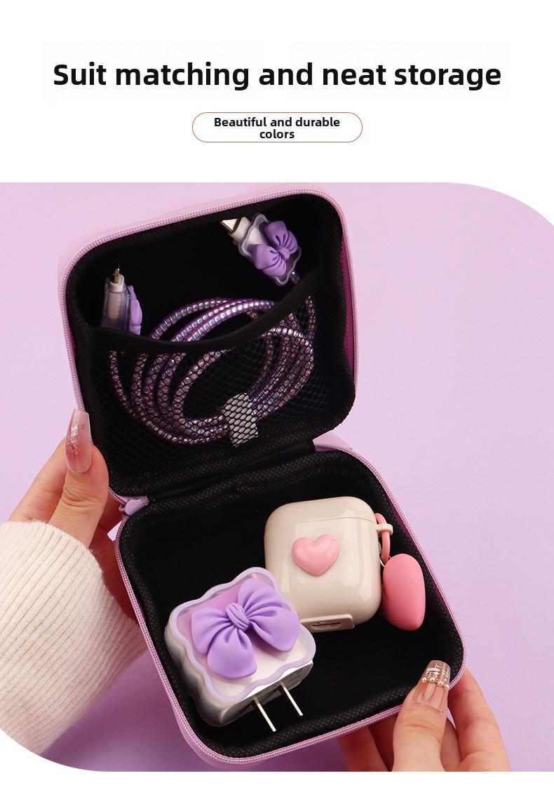 iPhone Charger Cable Protector Set with Cute Pink Bow, Only Compatible with Apple Original 18W/20W Adapter, Anti-Break Data Cable Organizer & Storage Bag for Women Girls (Charger & Cable Not Included)