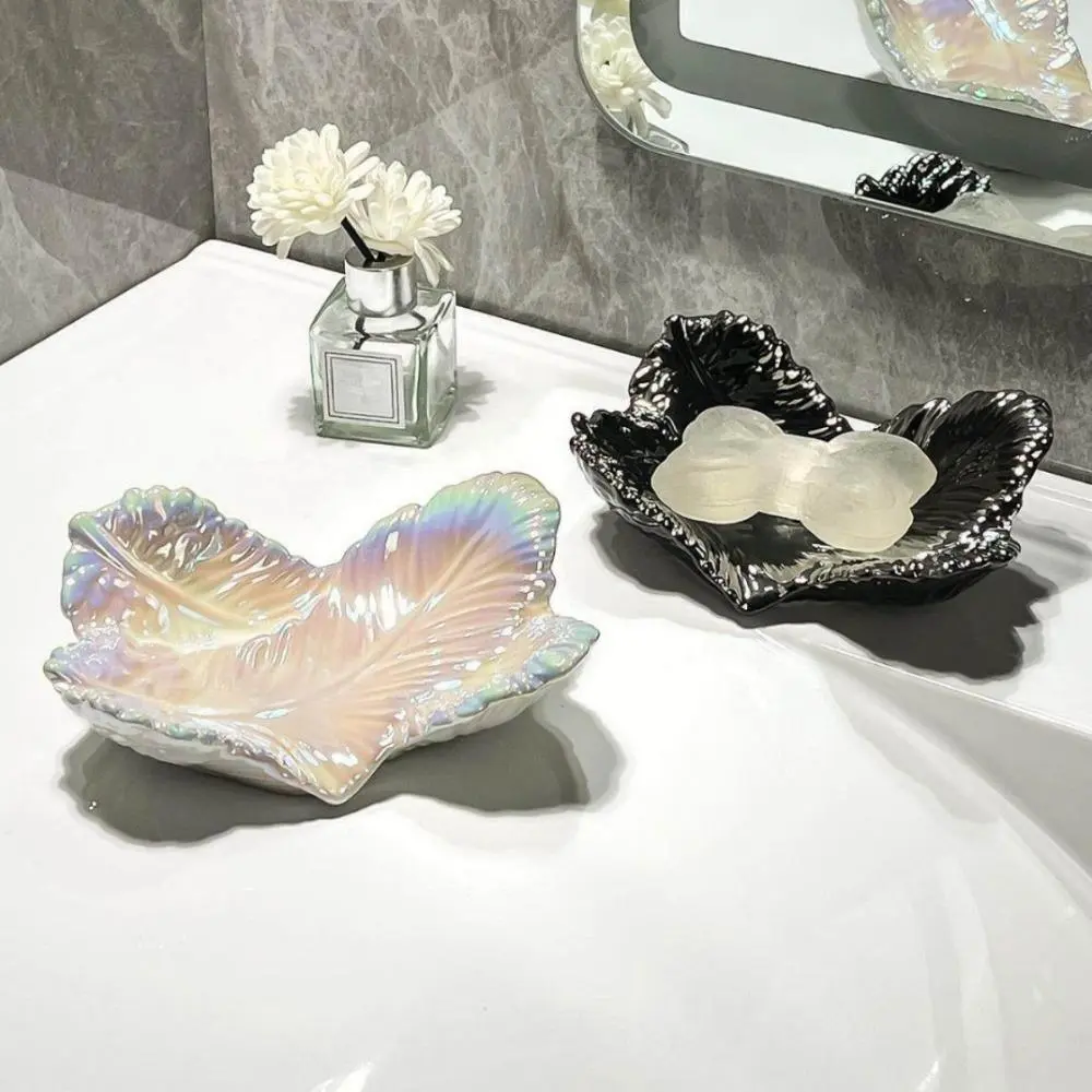 Luxury Feather-Shaped Ceramic Soap Dish with Auto-Drain, 2-in-1 Bathroom Organizer, Soap Holder & Toothbrush Storage Rack for Vanity Countertop Household Use, Minimalist Decluttering, Hollow, Accessory