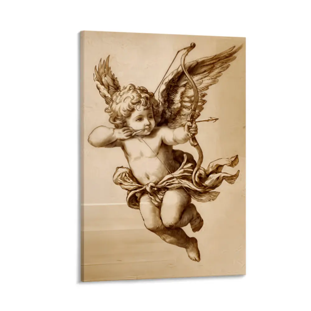 Vintage Cupid Art Poster - Lightweight Renaissance Style Cherub Wall Decor, Romantic Valentine’s Day Decoration Gift for Room, Victorian Gothic Boho Neutral Abstract Art Print with Bow and Arrow, Artwork, Bedroom Decor