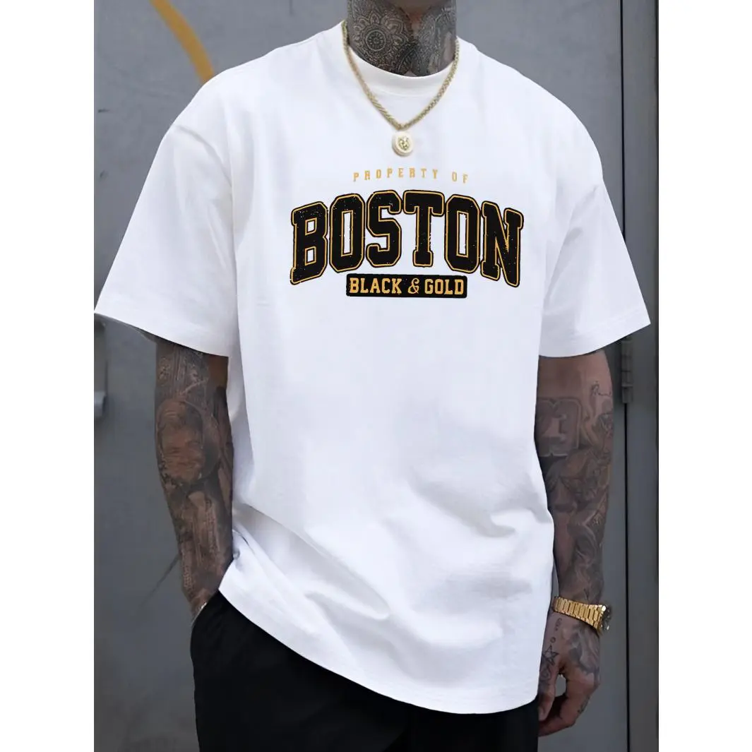 Men’s Retro Boston Varsity Graphic T-Shirt, Vintage Black & Gold Letter Print Crew Neck Short Sleeve Tee, Trendy Casual Summer Basic Top, Unique Gift For Him Daily Streetwear Outfit