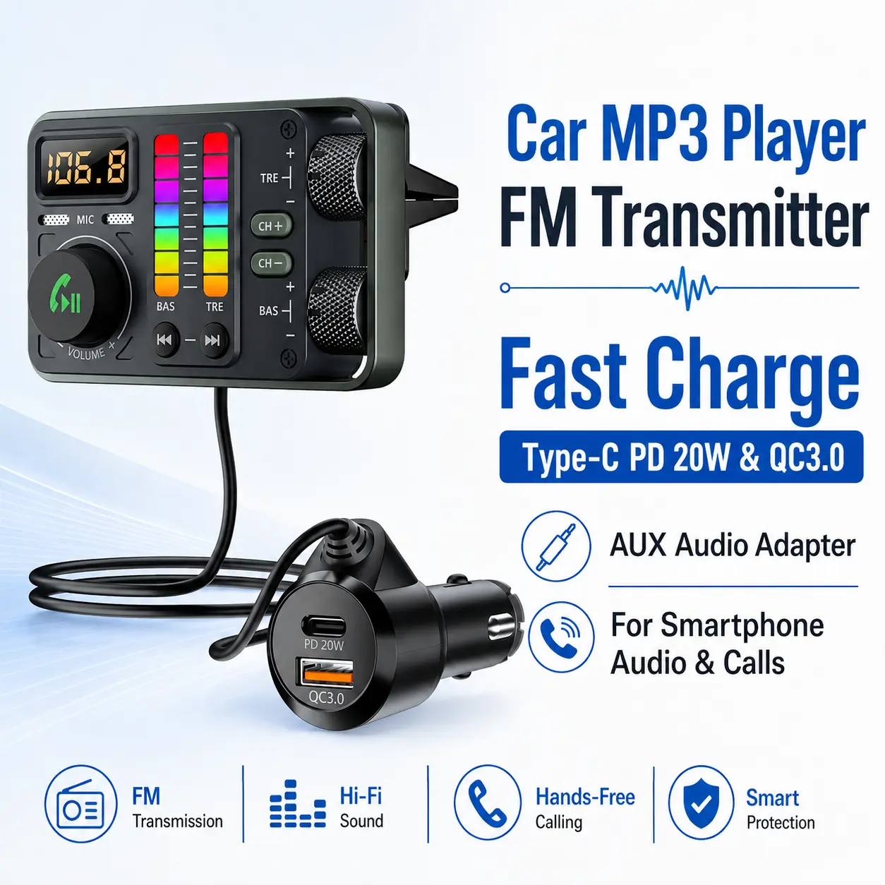 Car Audio FM Transmitter with AUX Adapter, Dual Fast Charging Type-C PD 20W & QC3.0 USB Ports, MP3 Music Player and Smartphone Car Charger