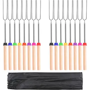Marshmallow Roasting Sticks 32Inch 16pcs Telescopic Barbecue Forks Retractable Stainless Steel Smores Skewers with Anti-slip Wooden Handle for BBQ Outdoor Camping Campfire Firepit
