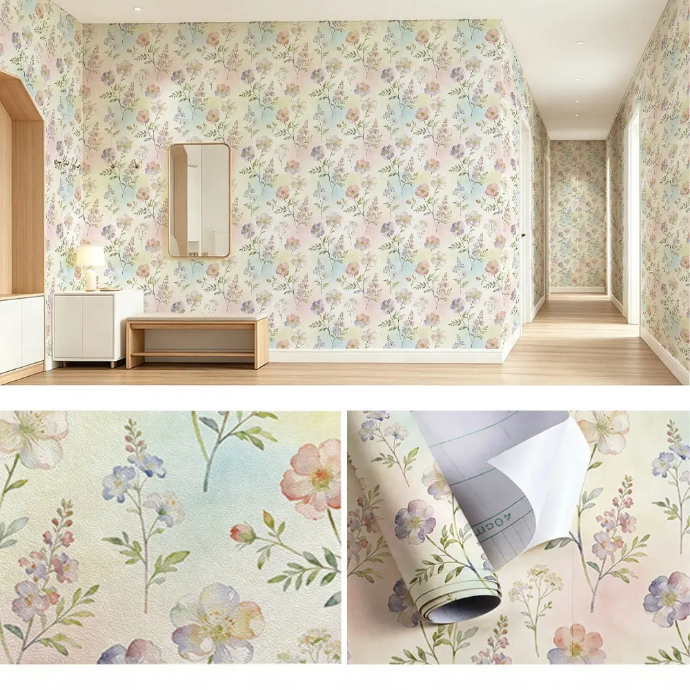 Watercolor Hand-Painted Cherry Blossom Wallpaper, PVC Self-Adhesive, Mould-Proof, Living Room Decor, Kitchen/bedroom Wall Art