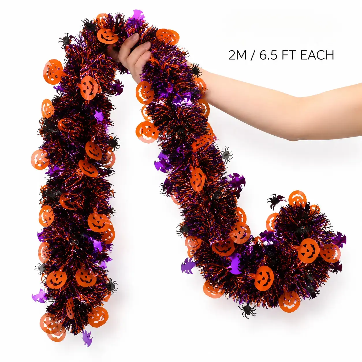 Shiny Halloween Garland 6.5 FT Metallic Tinsel Decoration in Black Orange Purple Featuring Pumpkin Bat Spider Motifs Perfect for Mantel Fireplace Door Window Party Decor