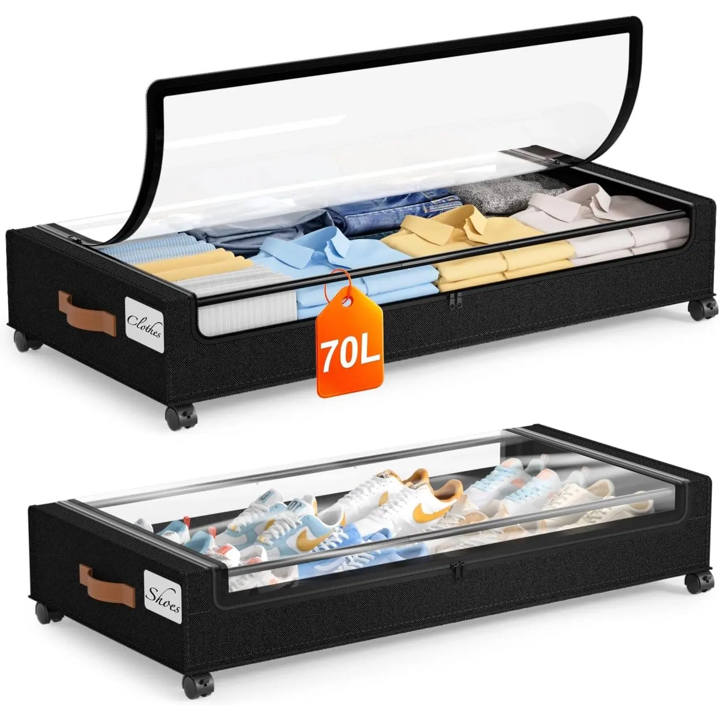 Under Bed Storage with Wheels 2Pack, 70L Larger Capacity Under Bed Storage Containers, Underbed Shoe Storage Organizer, Rolling Under Bed Metal Drawers for Clothes, Blankets(35.5 x 17 x 6.7in)