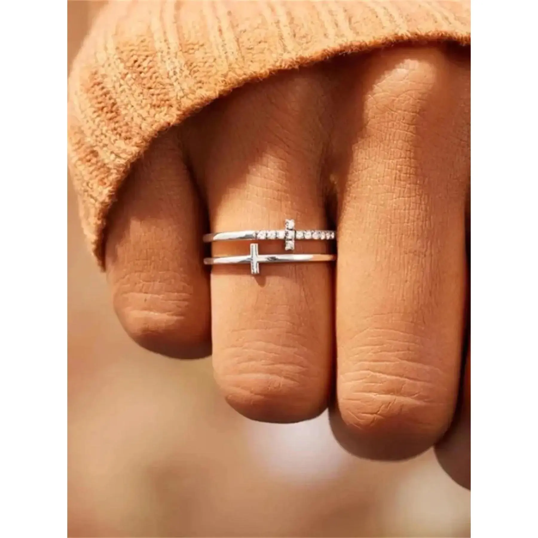 Rhinestone Decor Cross Design Double Layered Ring, Copper Statement Ring, Fashion Jewelry Accessories for Women & Girls, Matching Jewelry