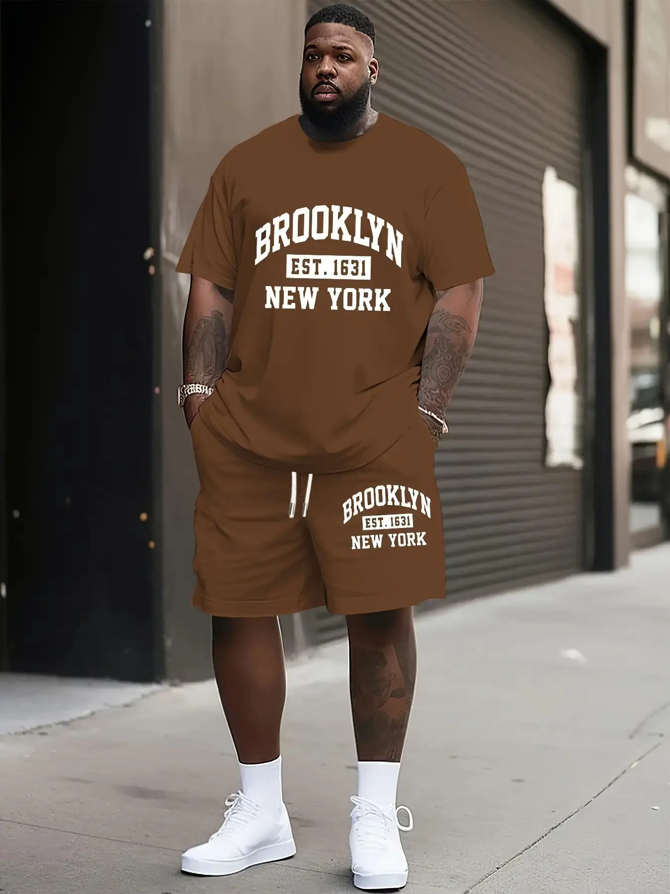 Plus Size Men's Summer Casual Sports Set, Breathable Printed Round Neck T-Shirt and Shorts, Knitted Fabric, Slight Elasticity, Outdoor Leisure Wear, Activewear Shorts Sets, Casual Sportswear Set
