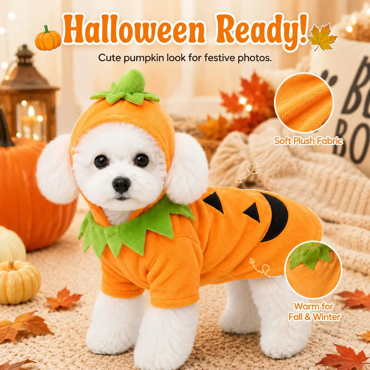 Cute Halloween Pet Pumpkin Costume, Warm Fall Winter Coat for Dogs Cats, Hooded Cape, Soft Plush, Easy on Off, Festive Photo Prop