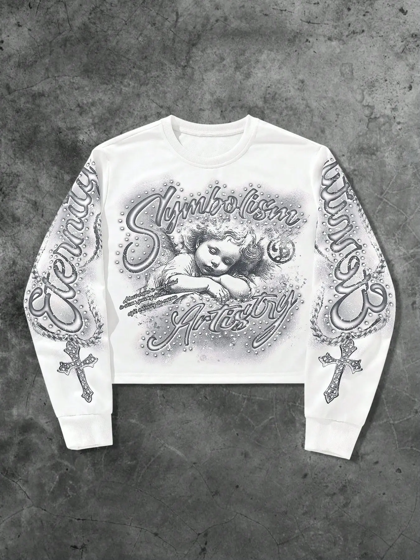 American Vintage Symbolism Art Theme Rhinestone Print Angel Short Sleeve Drop Shoulder Loose High Waist Gothic Streetwear Underwear Top Casual Long Sleeve Round Neck