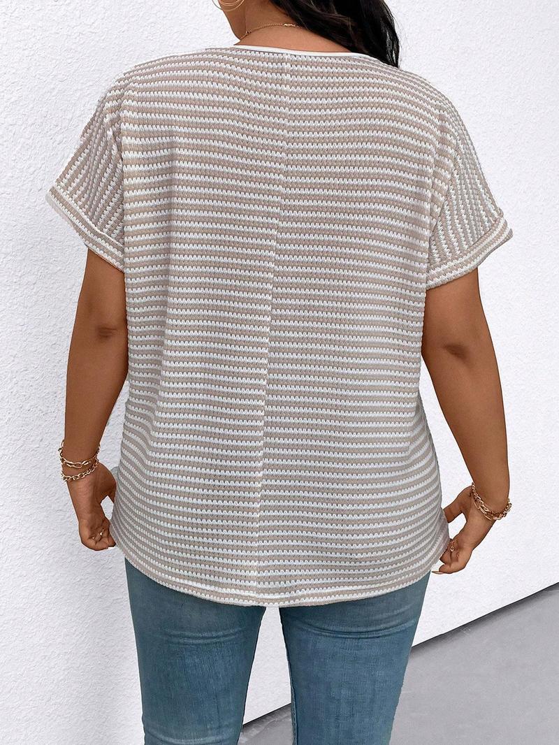 【Plus Size】 Striped Print V Neck Tee, Casual Short Sleeve T-shirt for Daily Wear, Women Clothing for All Seasons