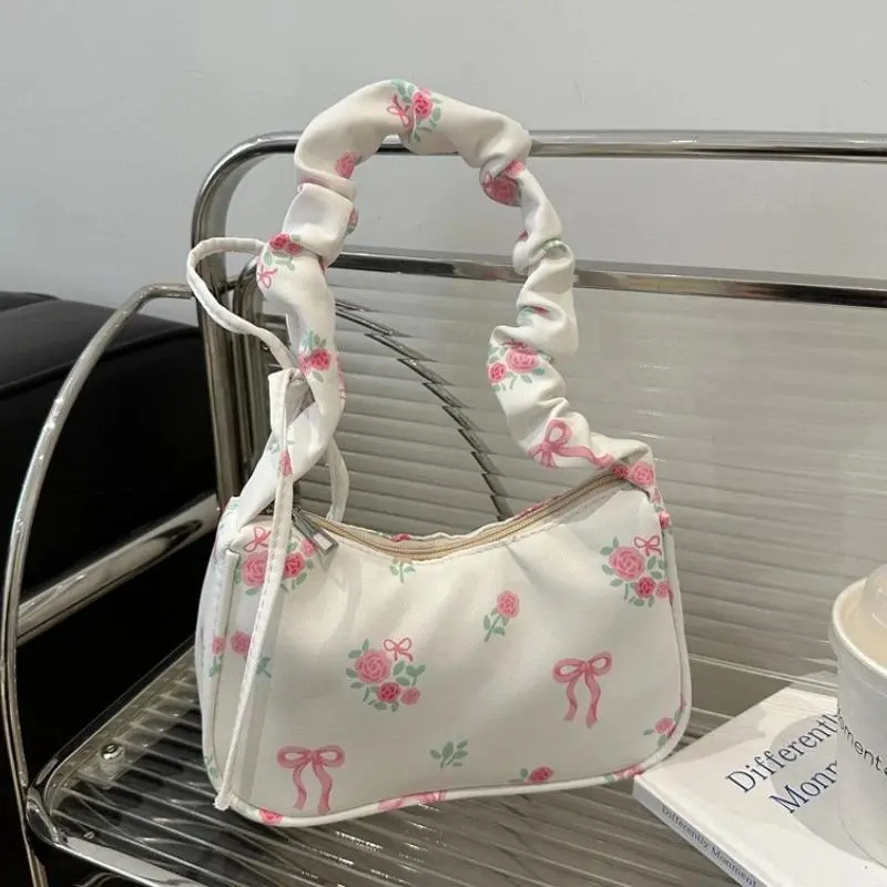 Pleated Floral Mini Tote Bag for Women, Korean Style Canvas Shoulder Purse with Bow Accent & Secure Zipper for Everyday Use, Mini Size, Elegant Shoulder Bag, Casual Trendy Purse
