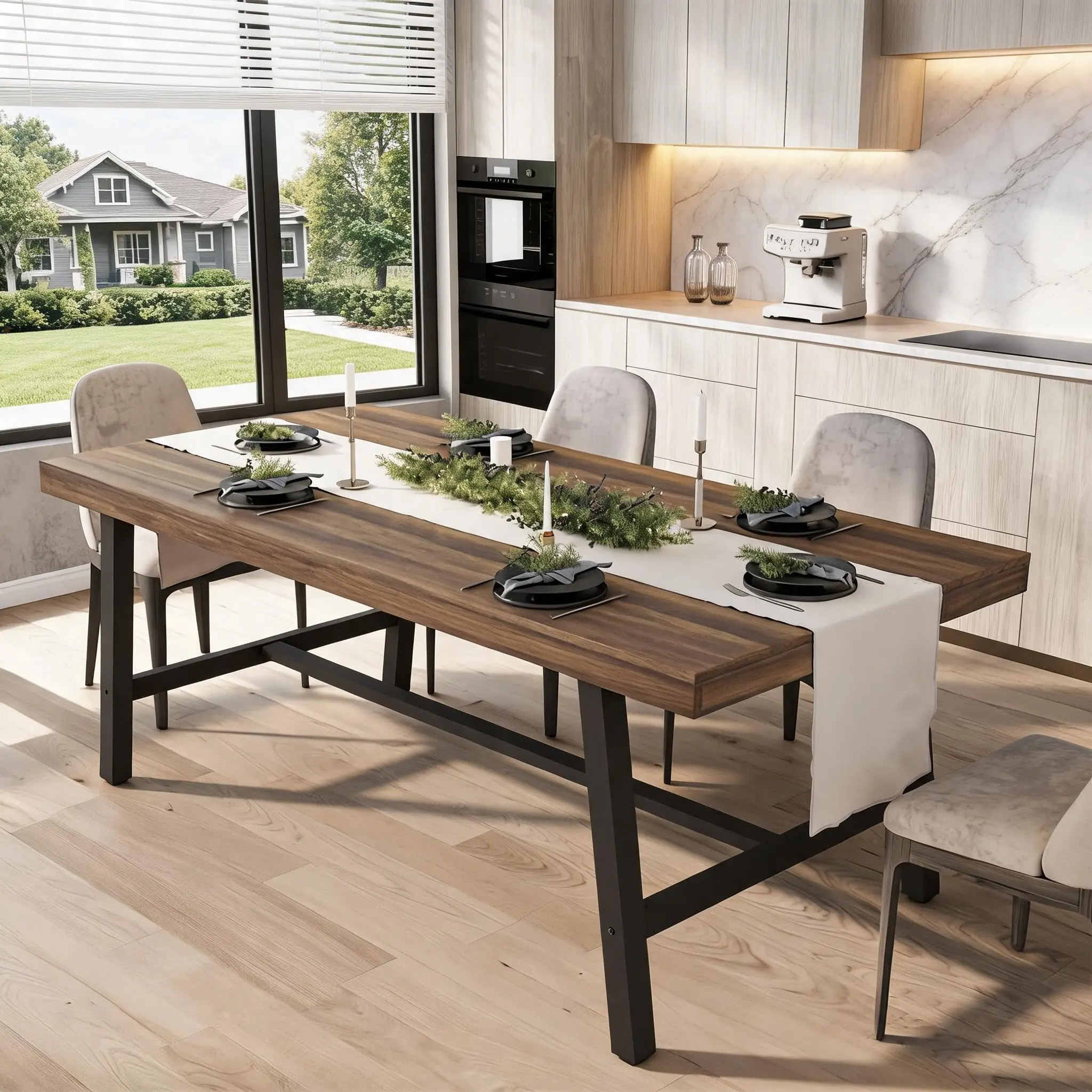 Industrial and rustic farmhouse rectangular wooden dining tables, 70-78 inches long, seating 6-12 people, with sturdy metal frames and easy assembly, perfect for kitchen, dining room, home, or office use