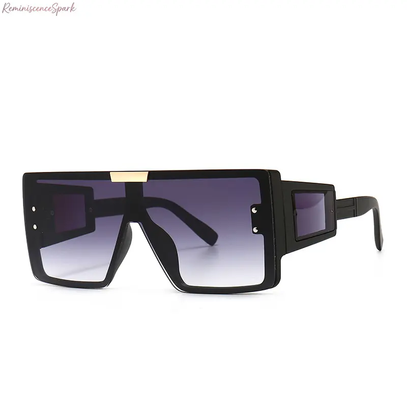 Unisex Oversized Flat Top Square Sunglasses with integrated side lenses and wide extended temples. Trendy modern statement eyewear delivers full eye coverage, ideal for street photos, daily outdoor outings and summer fashion matching