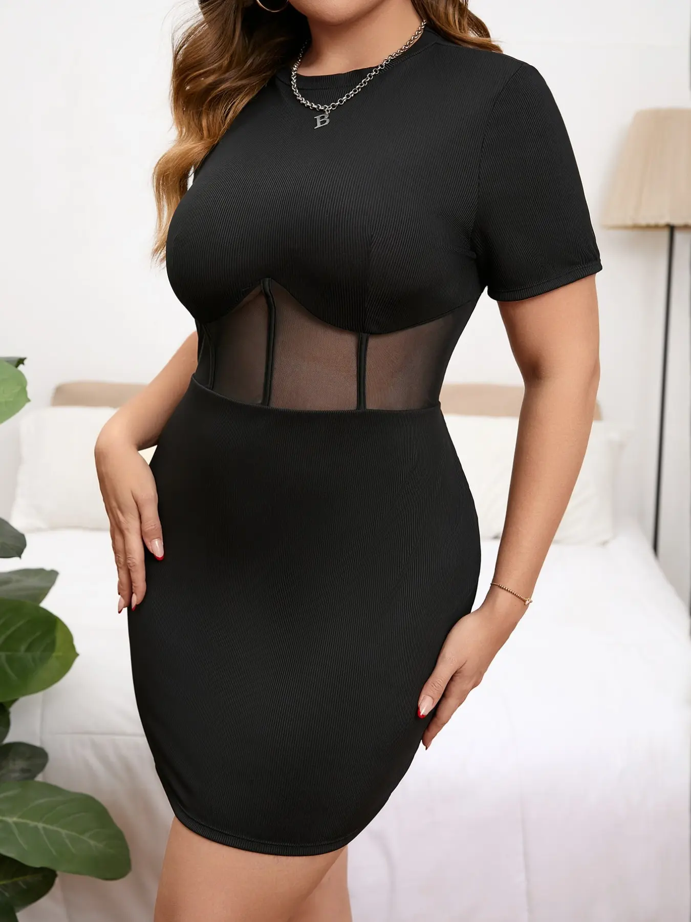 Plus Size Women Black Bodycon Mini Dress Medium Stretch Ribbed Short Sleeve Mock Neck Sheer Mesh Waist Illusion Corset Night Out Party Clubwear Sexy Curve Enhancing Figure Hugging Date Night Outfit