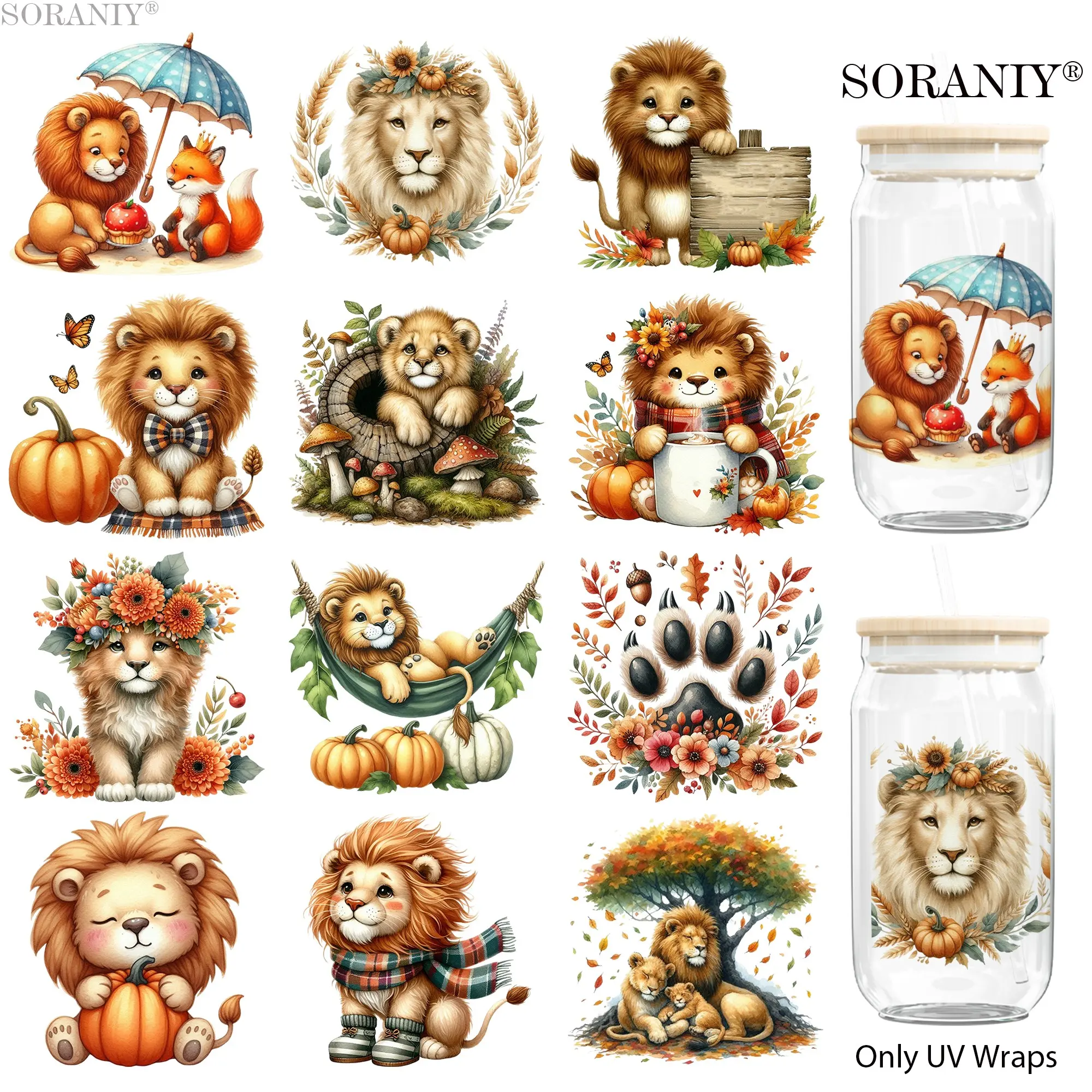 UV DTF Water Cup Transfer Stickers, 12 Lion Theme Waterproof Stickers, DIY Home Decor, High Adhesive, Easy to Use, Perfect Gift
