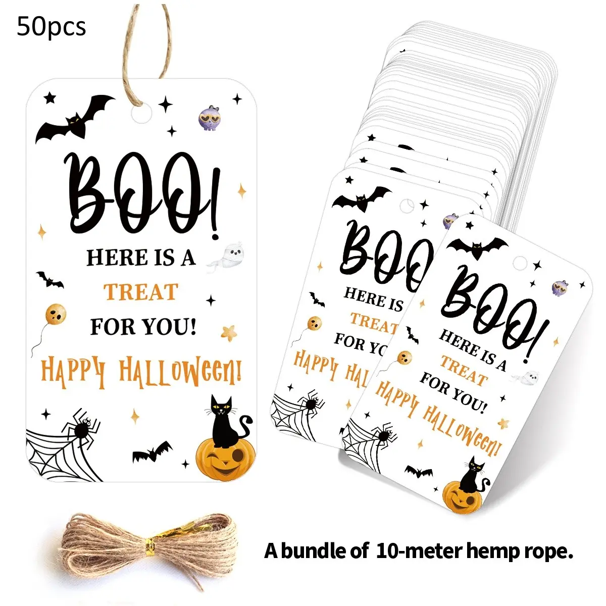 50pcs Happy Halloween Gift Tags with Hemp Rope - Spooky Halloween Hanging Labels for Presents, Gift Wrapping & Crafts, Halloween Paper Party Favor Tags, Halloween Party Decoration