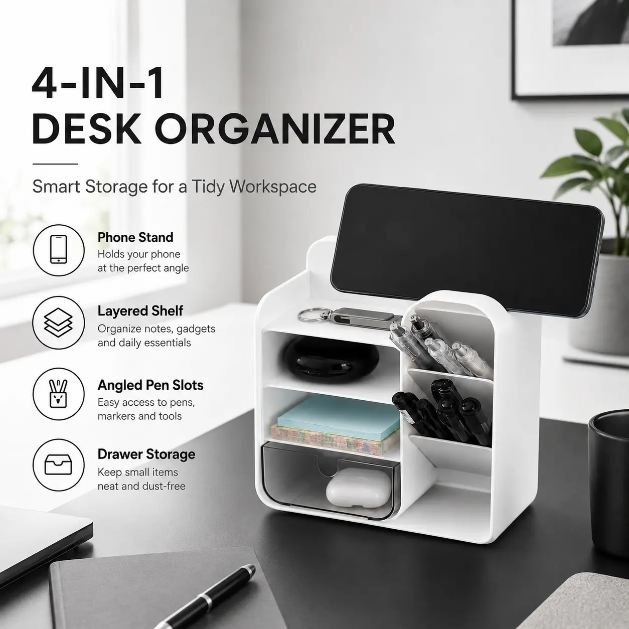 Declutter Your Desk 4-In-1 Organizer, Includes Drawer, Phone Stand, Pen Holder, Compact Storage Shelf for Office, Home, Dorm, Office Desk Accessories, Office Supplies Organizer
