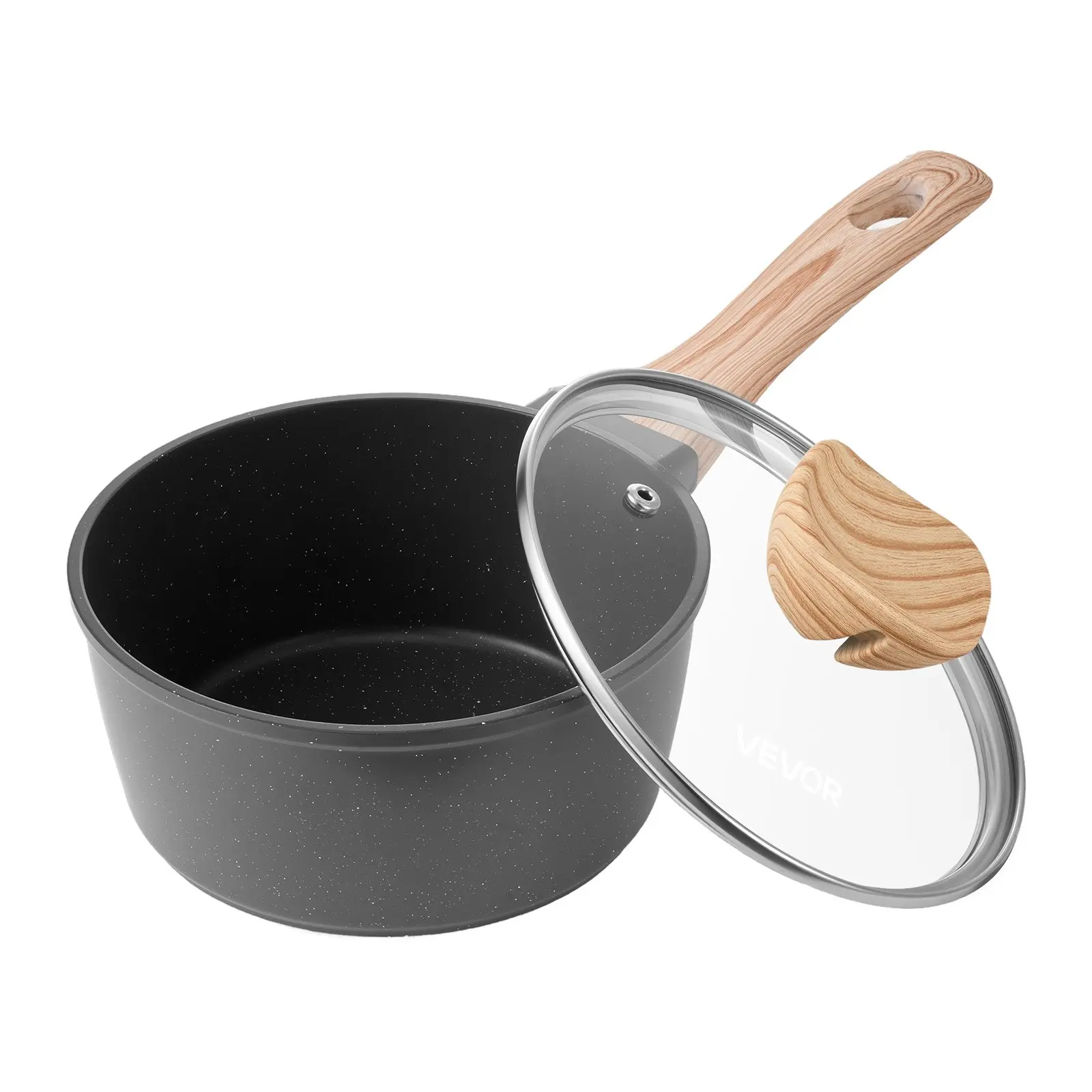 VEVOR 1.5 QT Nonstick Saucepan with Tempered Lid, Detachable Handle, Coating, Induction Compatible Small Kitchen Multipurpose Cooking Pot, Black