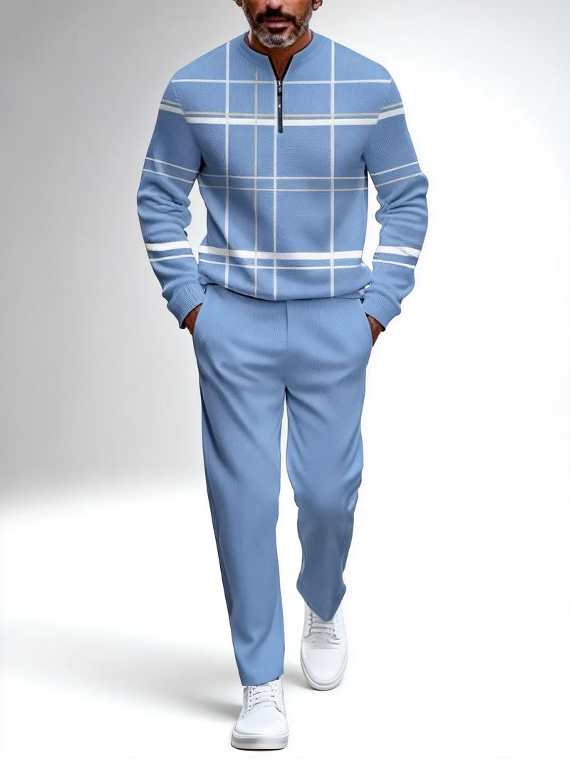 "New European and American men's sportswear set, featuring a half-zipper top paired with matching pants, and a trendy design with a sleeve patch featuring the number 5. The fabric is comfortable, suitable for daily street wear, casual commuting, and effor