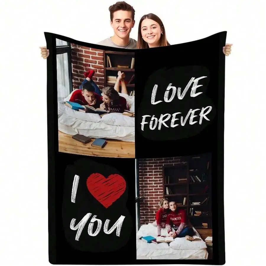    Custom Photo Throw Blanket,Custom 2 Photo Black Background Couple Throw Blanket, Graffiti I Love You Love Forever Heart Flannel Blanket Gift # blankets