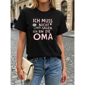 Street  Style Display of German T - Shirt with Grandma Identity Slogan, Short Sleeve Crew Neck Casual Top for Summer & Spring, Women's Clothing