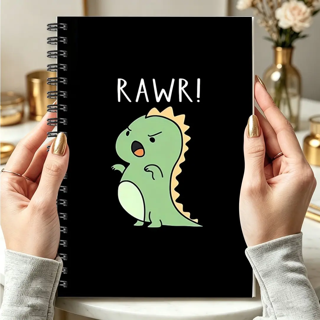 1pc Funny "RAWR!" Dinosaur Notebook, Cute Angry Green T-Rex Cartoon Cover, Spiral Bound Lined Journal for Dinosaur Lovers