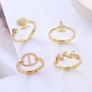 Fashionable new ring, gold-plated copper ring with micro-inlaid zircon, wheat ear, sunflower, airplane ring jewelry C30190-JZ