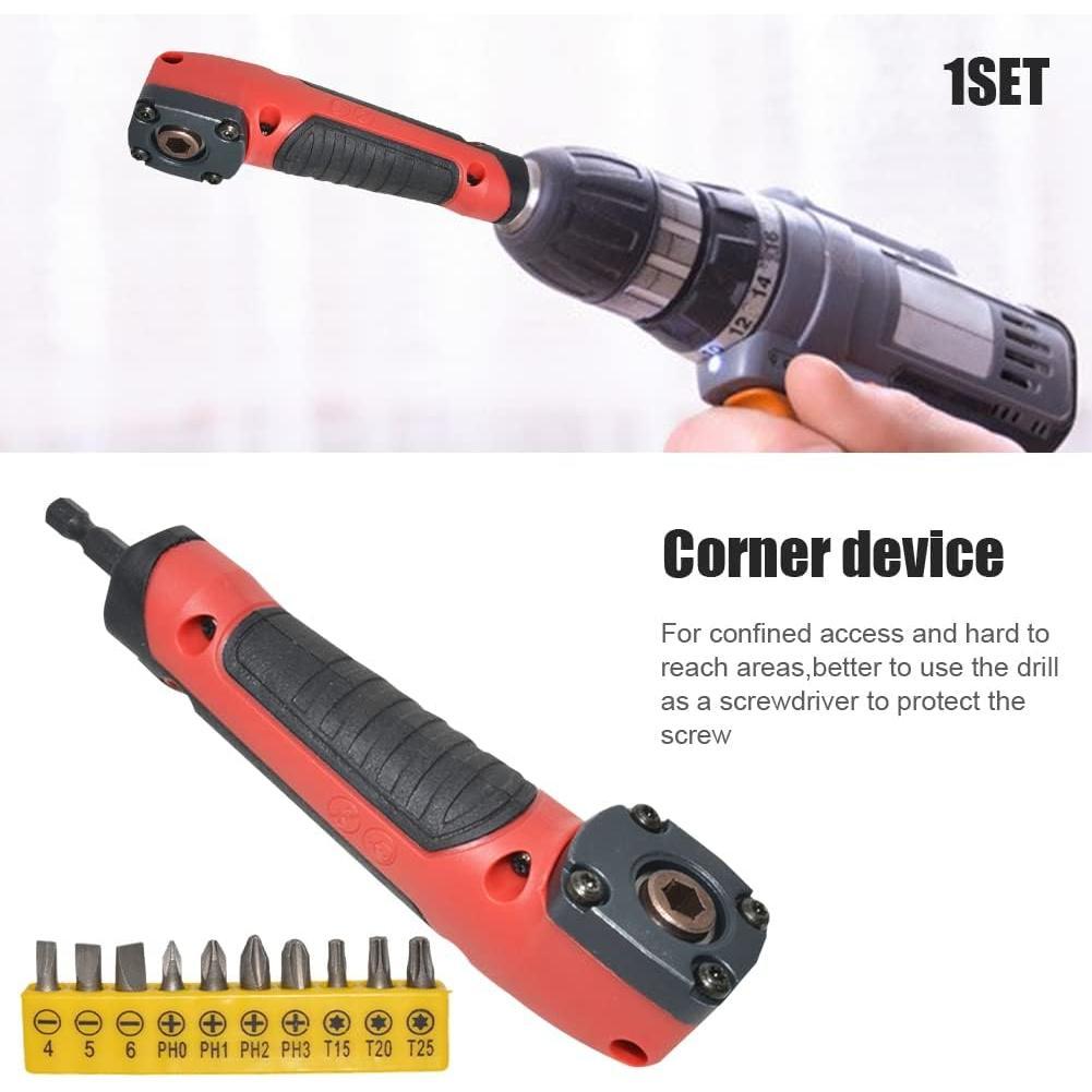 Right Angle Drill Attachment Electric  Repair Set 90  Corner Device  Socket Adapter Kit 1/4 Inch Right Angle Drill Adapter with 10 Drill Bit Sets for  Driver