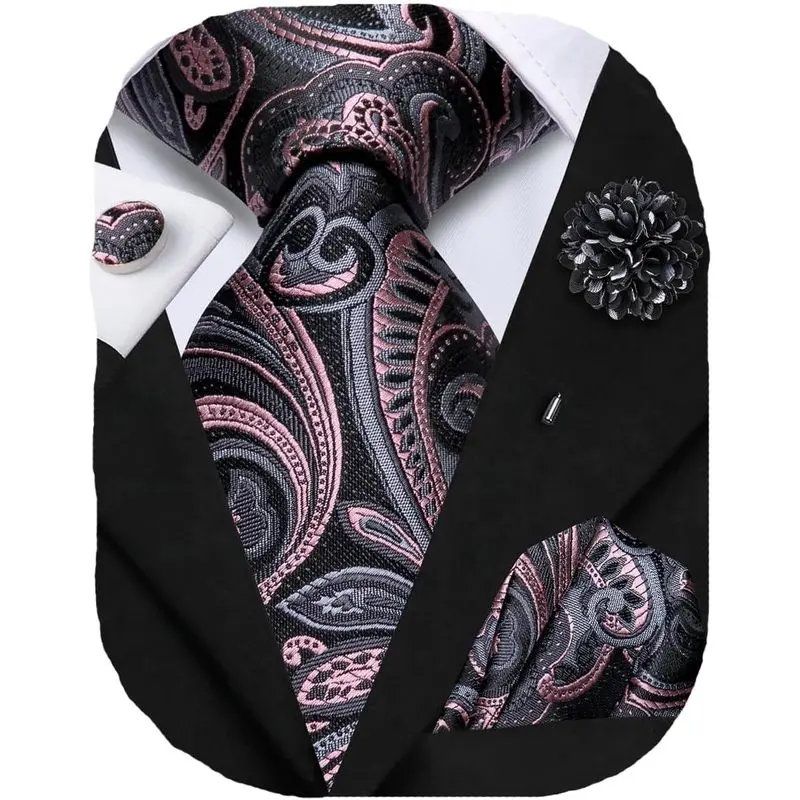 Hi-Tie Mens Grey and Pink Tie Set Silk Jacquard Floral Necktie Lapel Pin Pocket Square Cufflinks Set for Wedding Business